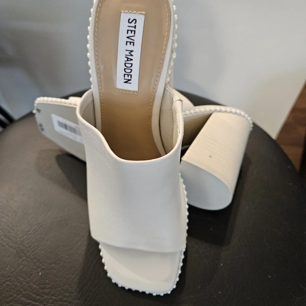 Steve Madden Decoded Pearl Block Heel Mule Sandal Bone Leather 9 NEW
